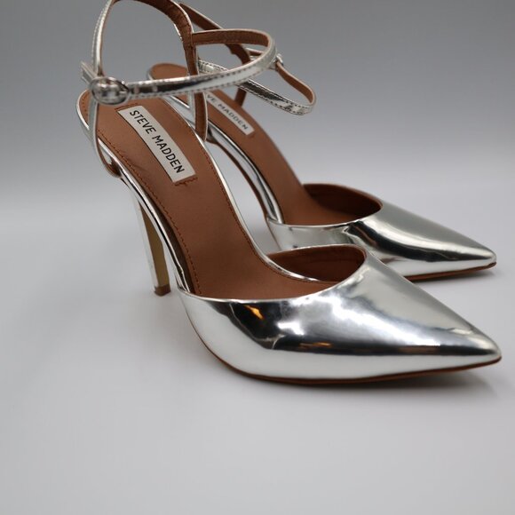 Steve Madden Pizzel Ankle Strap Stiletto Women's Size 8.5 Silver Chrome - Picture 2 of 9